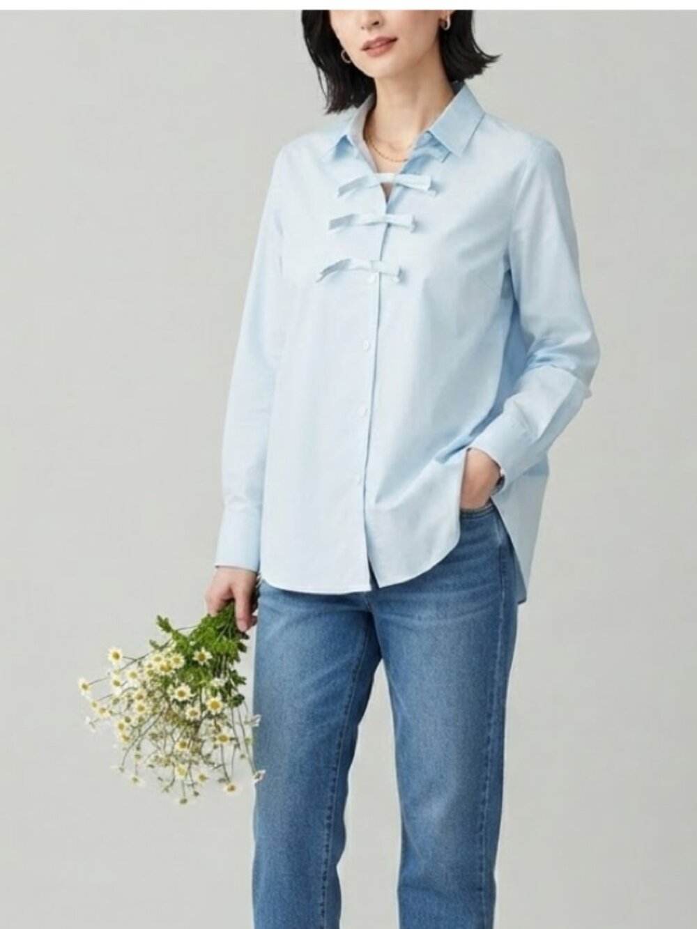 SONIA RYKIEL 100% Cotton Light Blue Pretty Triple Bow Blouse Top Button Collar